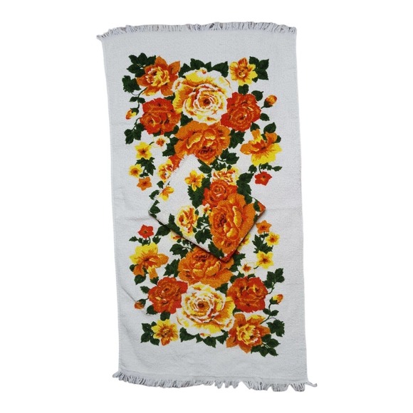 Vintage Bath Towel Set of 2 Gold Orange Brown Green Colors Flowers Retro Fringe - Picture 2 of 10